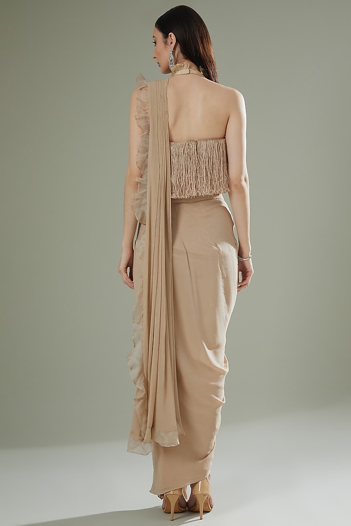 Beige Embroidered Pre-Draped Wedding Saree Set by Rococo by raghvi at Pernia's Pop Up Shop