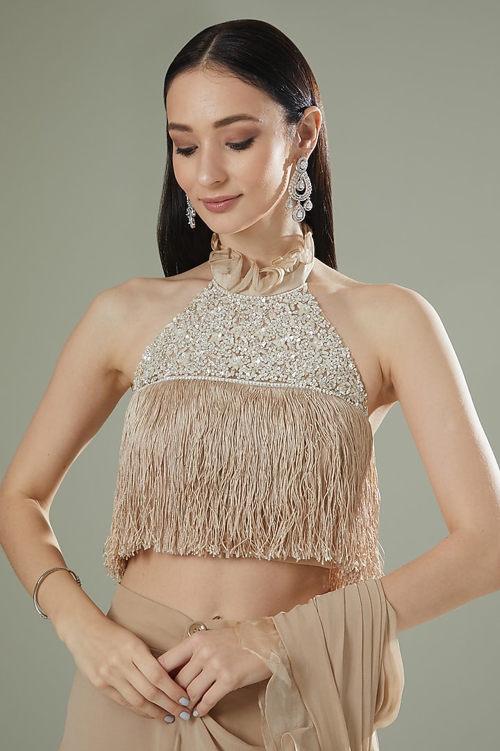 Beige Embroidered Pre-Draped Wedding Saree Set by Rococo by raghvi at Pernia's Pop Up Shop