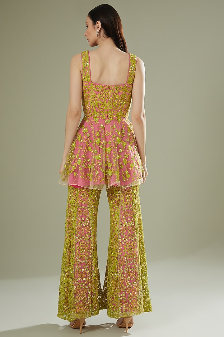 Lime Green & Pink Embroidered Wedding Sharara Set by Rococo by raghvi at Pernia's Pop Up Shop