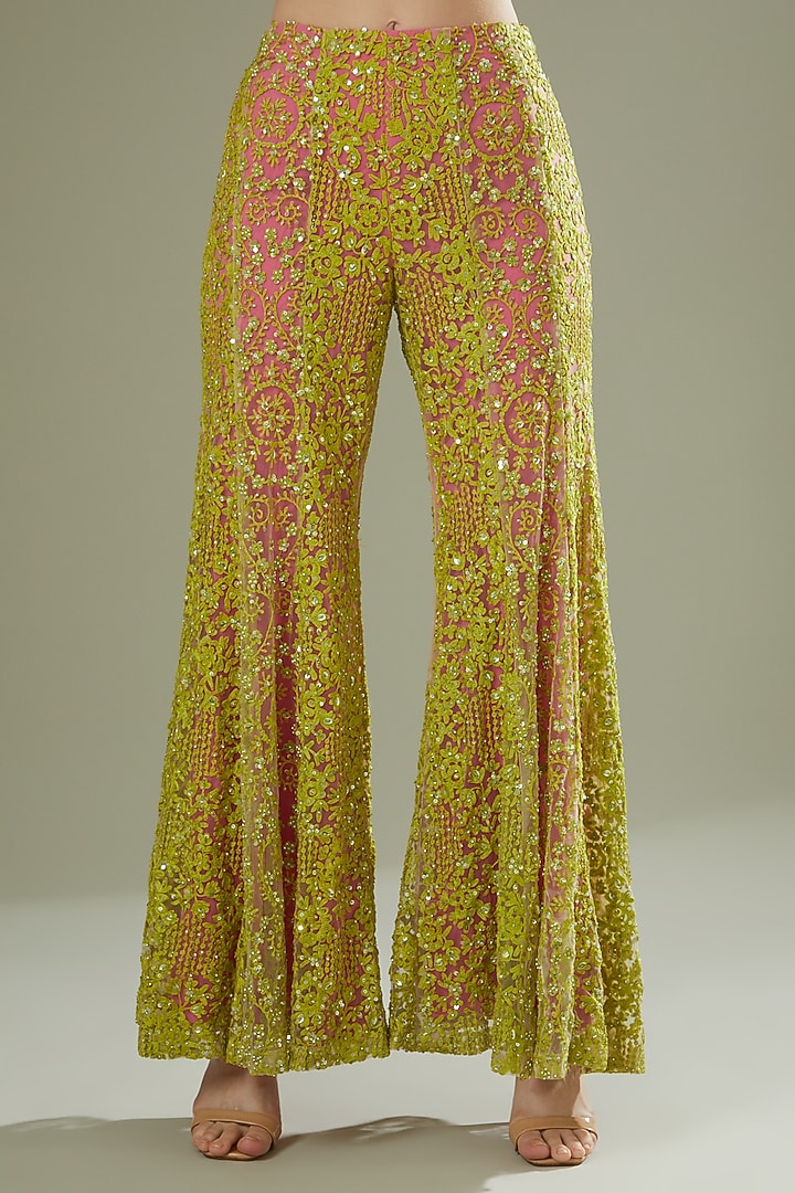 Lime Green & Pink Embroidered Wedding Sharara Set by Rococo by raghvi at Pernia's Pop Up Shop