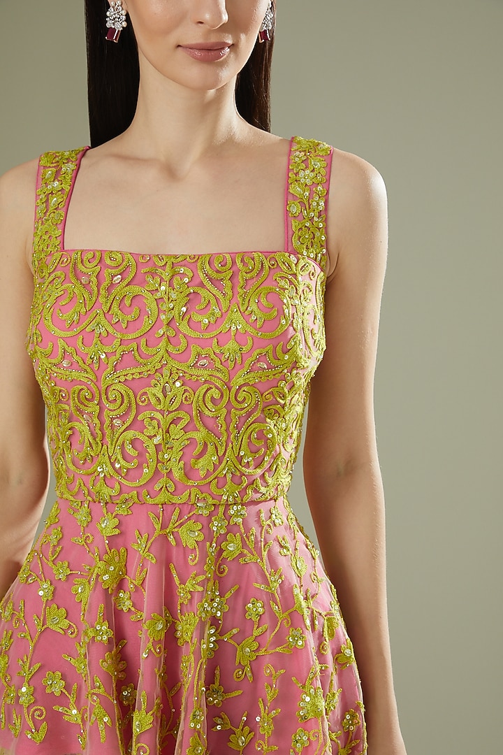 Lime Green & Pink Embroidered Wedding Sharara Set by Rococo by raghvi at Pernia's Pop Up Shop