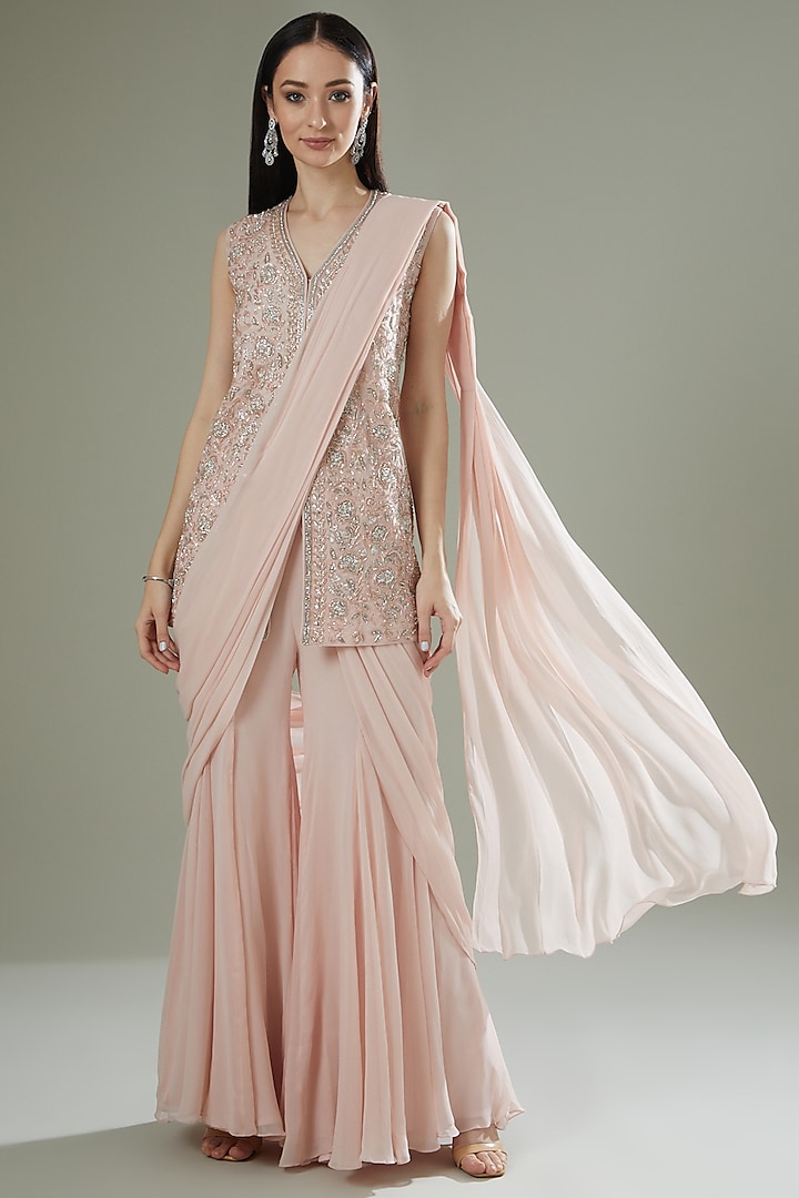 Blush Pink Georgette & Organza Hand Embroidered Jacket Pant Saree Set by Rococo by raghvi