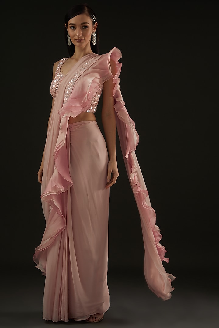 Blush Pink Georgette Hand Embroidered Drape Saree Set by Rococo by raghvi