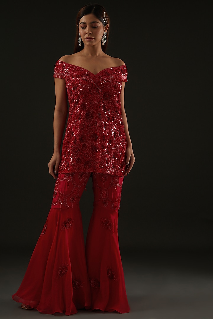 Red Silk Gharara Set by Rococo by raghvi
