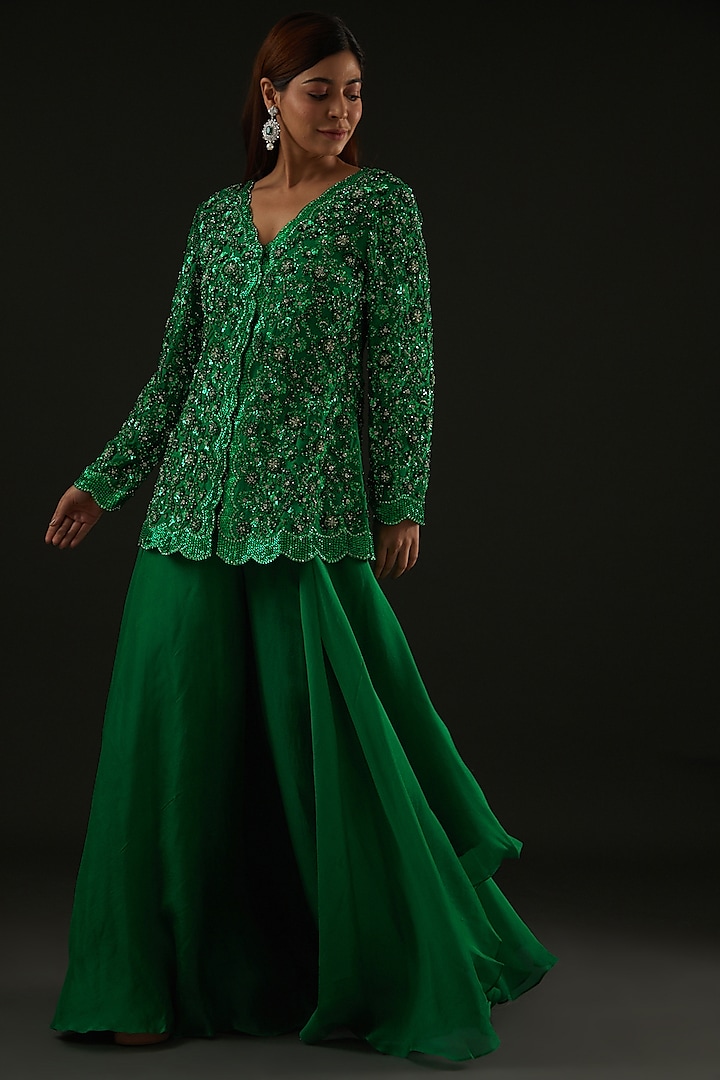 Emerald Green Organza Sharara Set by Rococo by raghvi