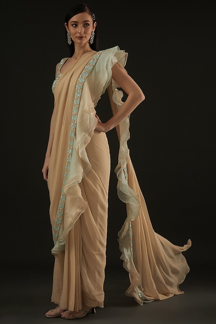 Beige Georgette & Organza Thread Embroidered Drape Saree Set by Rococo by raghvi