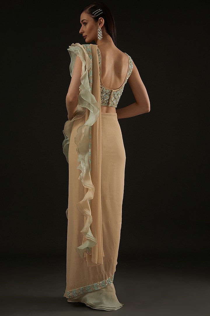 Beige Georgette & Organza Thread Embroidered Drape Wedding Saree Set by Rococo by raghvi at Pernia's Pop Up Shop