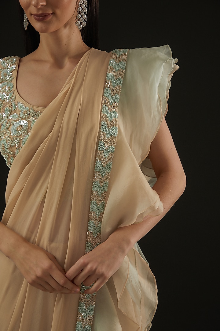 Beige Georgette & Organza Thread Embroidered Drape Wedding Saree Set by Rococo by raghvi at Pernia's Pop Up Shop