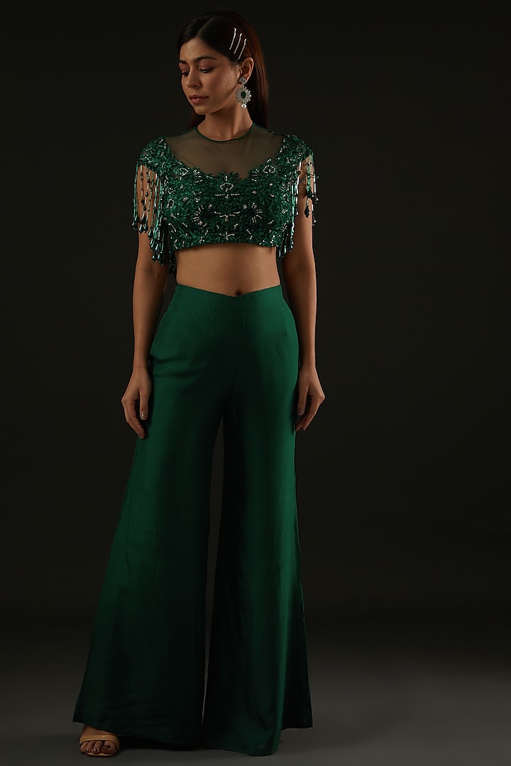 Forest Green Satin Thread Embroidered Draped Pant Wedding Saree Set by Rococo by raghvi at Pernia's Pop Up Shop