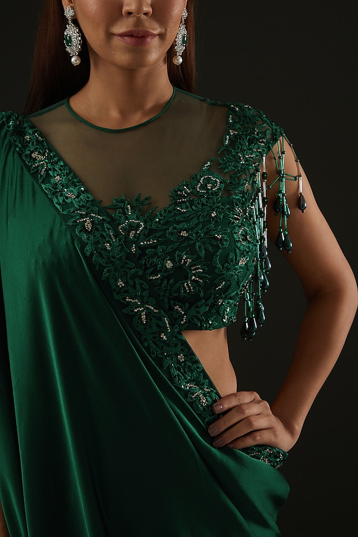 Forest Green Satin Thread Embroidered Draped Pant Wedding Saree Set by Rococo by raghvi at Pernia's Pop Up Shop