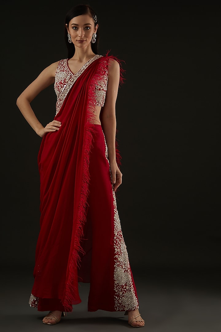 Red Silk & Georgette Thread Embroidered Pant Saree Set by Rococo by raghvi