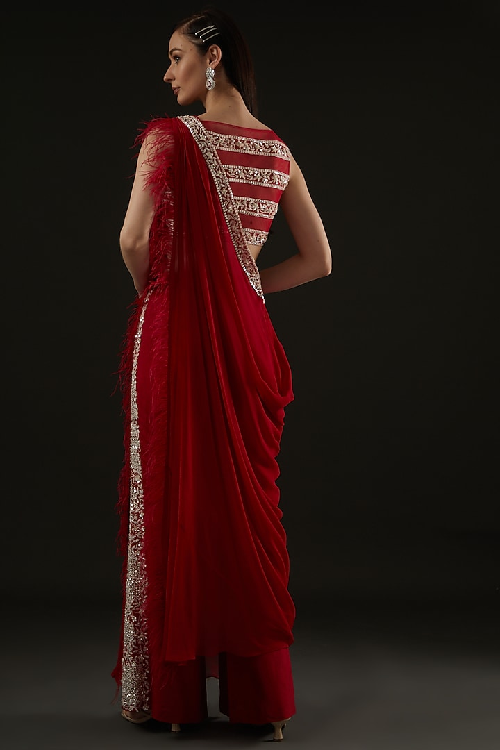Red Silk & Georgette Thread Embroidered Pant Wedding Saree Set by Rococo by raghvi at Pernia's Pop Up Shop
