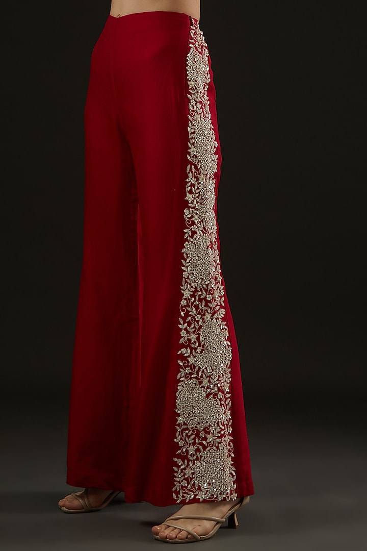 Red Silk & Georgette Thread Embroidered Pant Wedding Saree Set by Rococo by raghvi at Pernia's Pop Up Shop