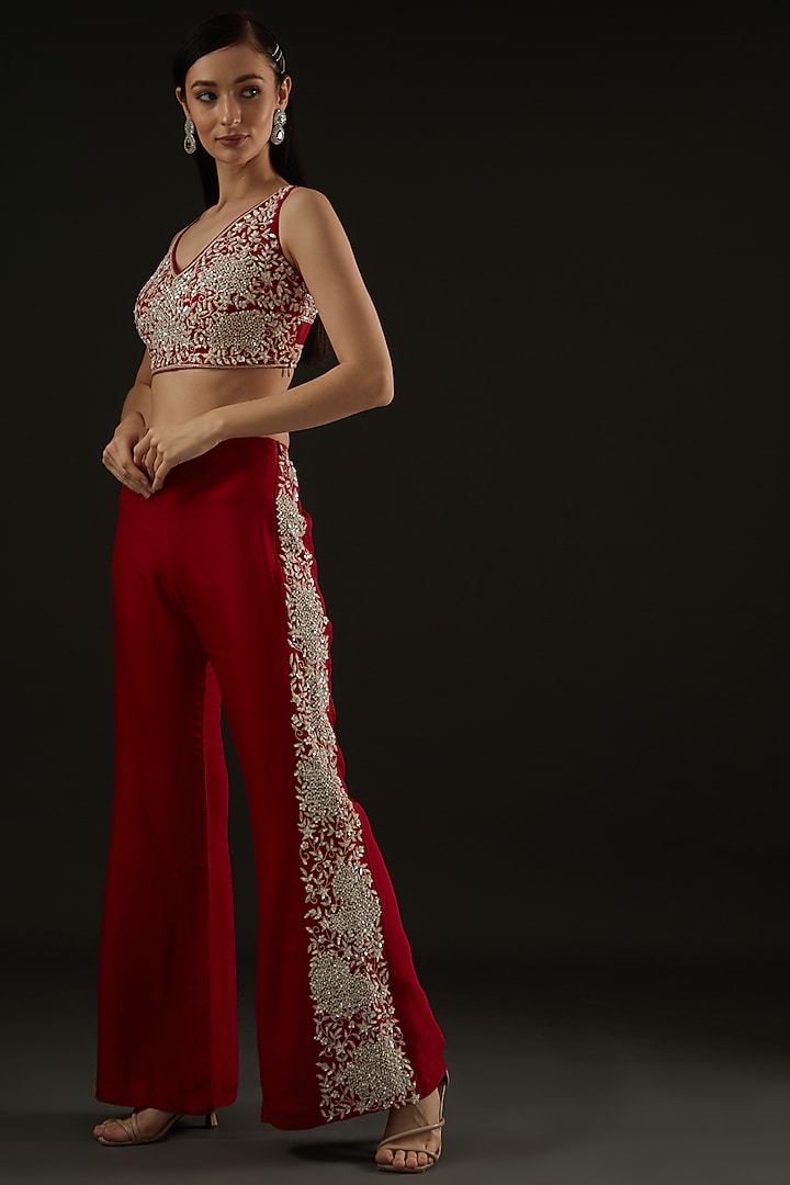 Red Silk & Georgette Thread Embroidered Pant Wedding Saree Set by Rococo by raghvi at Pernia's Pop Up Shop