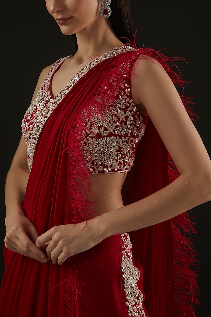 Red Silk & Georgette Thread Embroidered Pant Wedding Saree Set by Rococo by raghvi at Pernia's Pop Up Shop