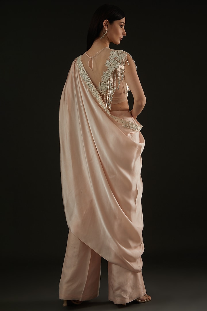 Ice Pink Satin Thread Embroidered Draped Pant Wedding Saree Set by Rococo by raghvi at Pernia's Pop Up Shop
