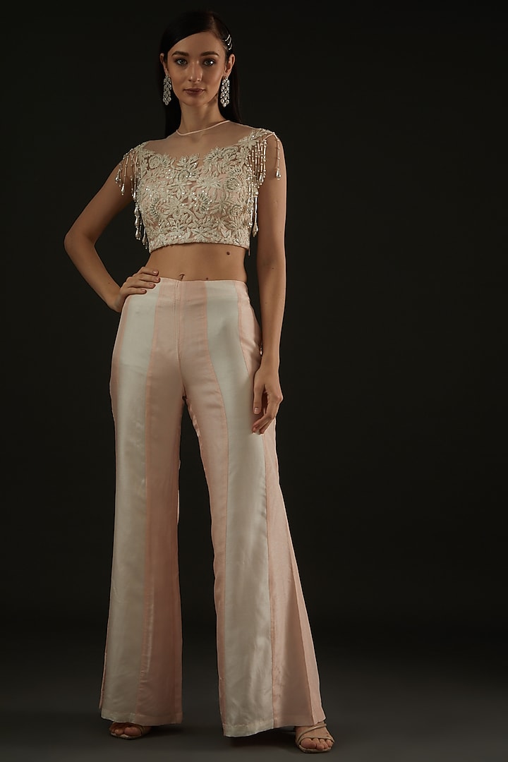 Ice Pink Satin Thread Embroidered Draped Pant Wedding Saree Set by Rococo by raghvi at Pernia's Pop Up Shop