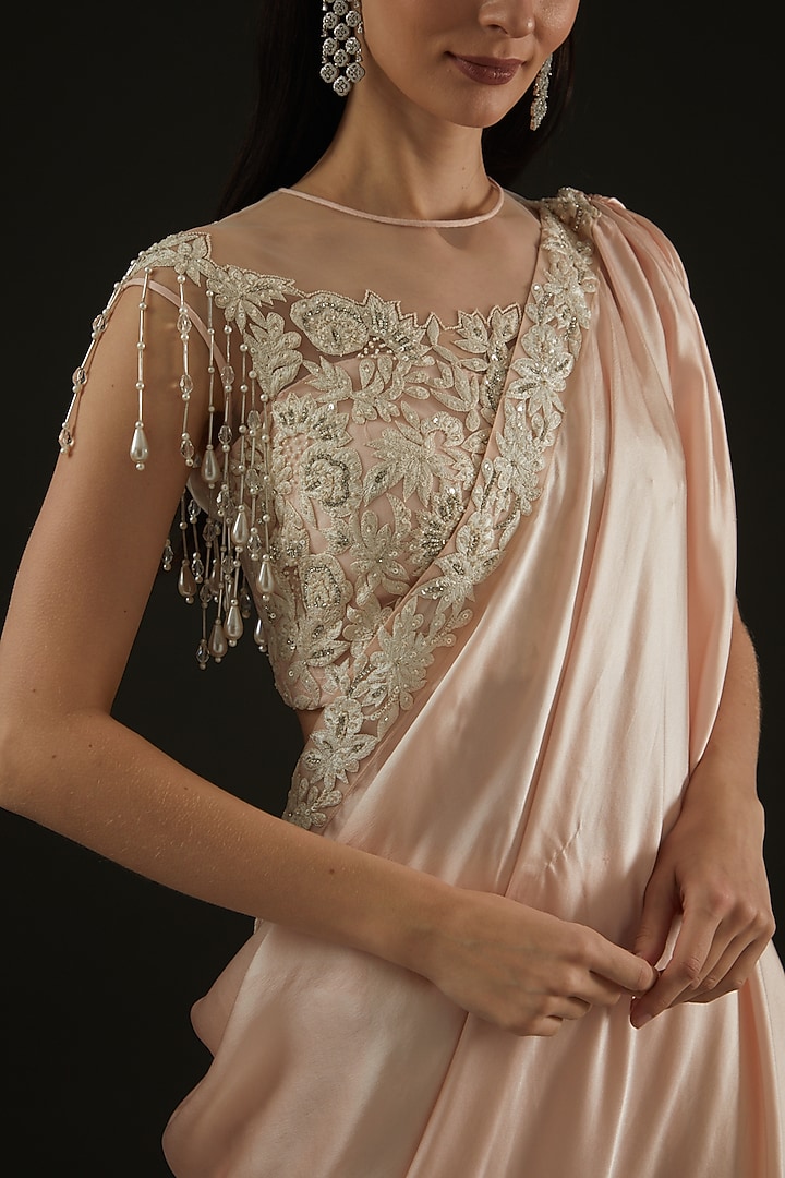 Ice Pink Satin Thread Embroidered Draped Pant Wedding Saree Set by Rococo by raghvi at Pernia's Pop Up Shop