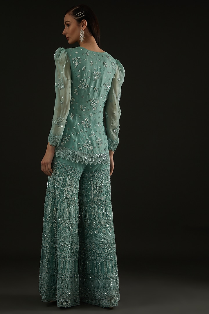 Turquoise Organza Bridal Sharara Set by Rococo by raghvi at Pernia's Pop Up Shop