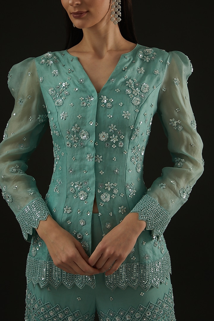 Turquoise Organza Bridal Sharara Set by Rococo by raghvi at Pernia's Pop Up Shop