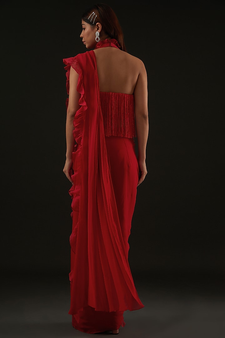Red Georgette & Organza Pre-Draped Wedding Saree Set by Rococo by raghvi at Pernia's Pop Up Shop