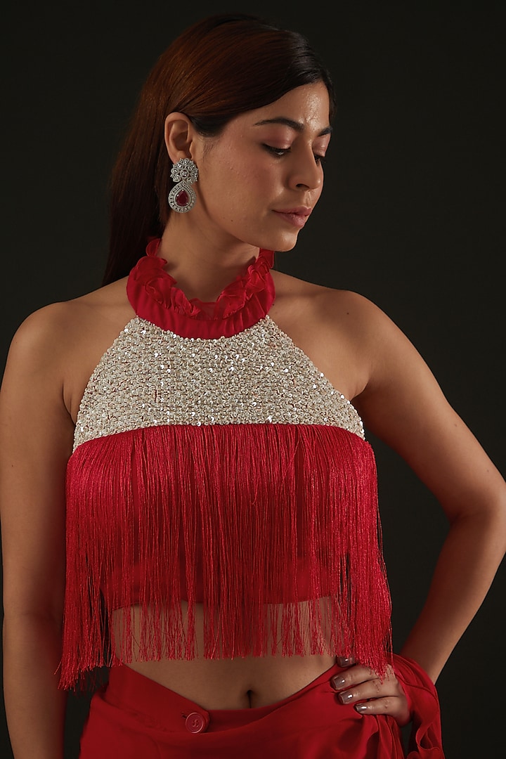 Red Georgette & Organza Pre-Draped Wedding Saree Set by Rococo by raghvi at Pernia's Pop Up Shop