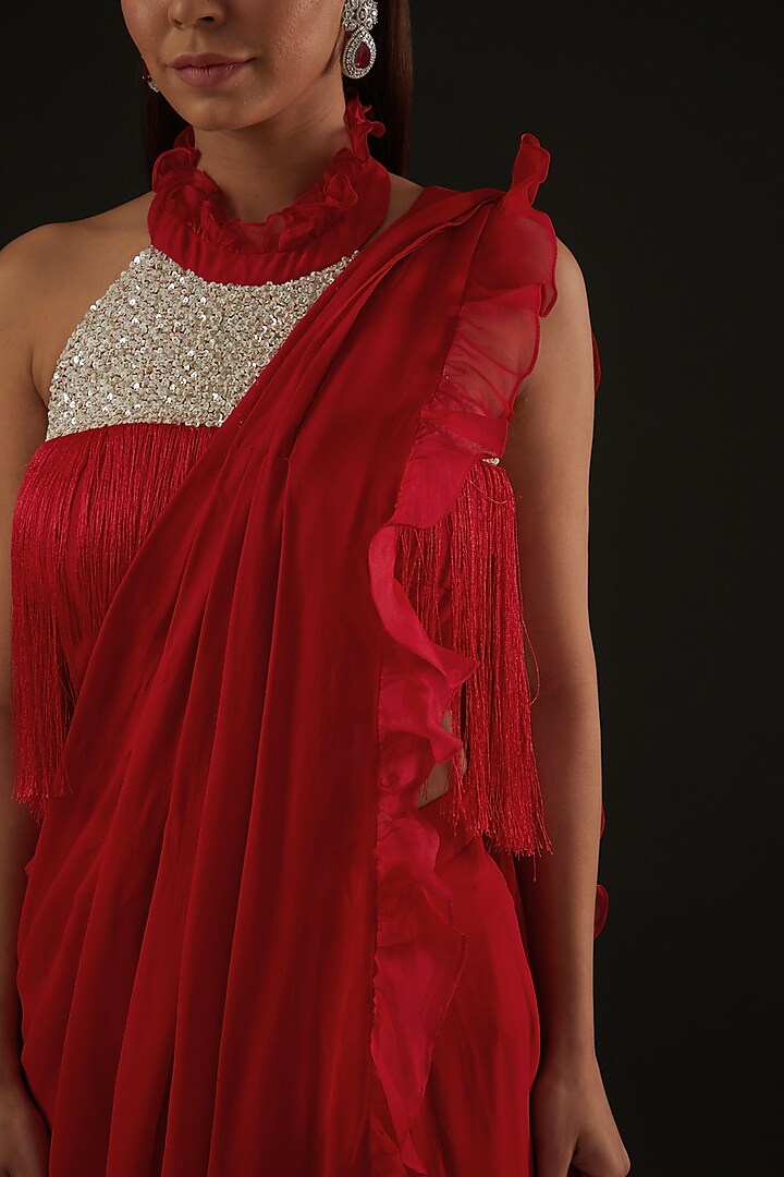 Red Georgette & Organza Pre-Draped Wedding Saree Set by Rococo by raghvi at Pernia's Pop Up Shop