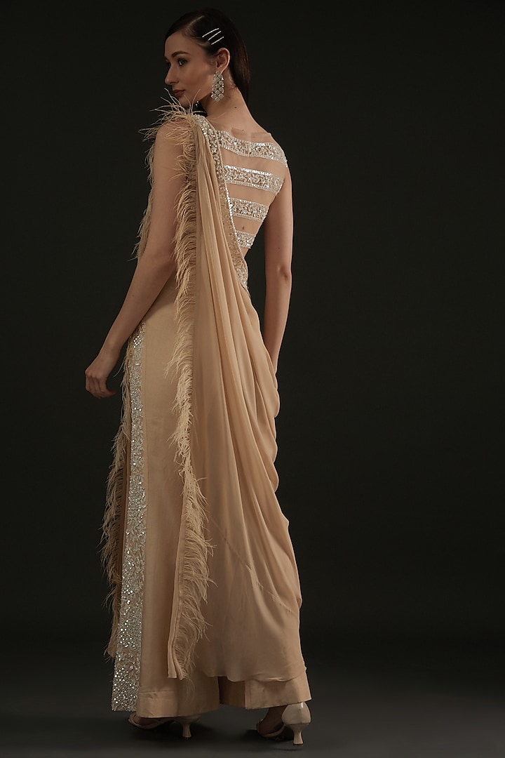 Beige Georgette Thread Embroidered Draped Pant Wedding Saree Set by Rococo by raghvi at Pernia's Pop Up Shop