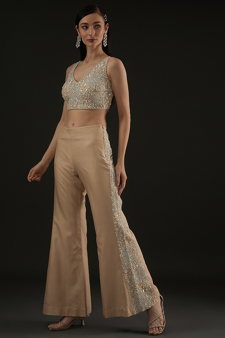 Beige Georgette Thread Embroidered Draped Pant Wedding Saree Set by Rococo by raghvi at Pernia's Pop Up Shop