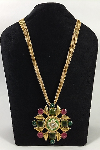 Gold Finish Ruby Pendant Necklace by Rohita And Deepa