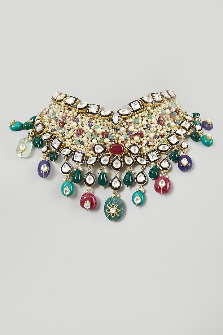 Gold Finish Pearl & Kundan Necklace by Rohita and Deepa