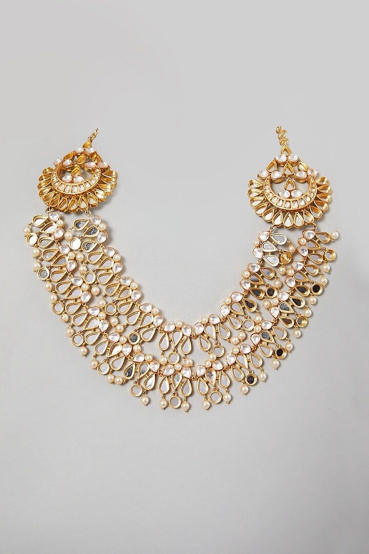 Gold Finish Shell Pearl Dangler Necklace by Rohita and Deepa