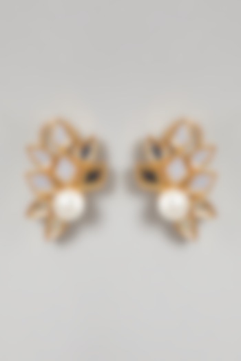 Gold Finish Pearl Earrings by Rohita and Deepa