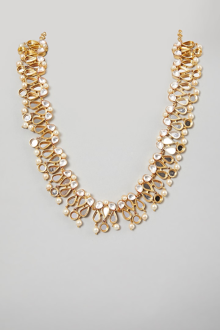Gold Finish Round Pearl Necklace by Rohita and Deepa