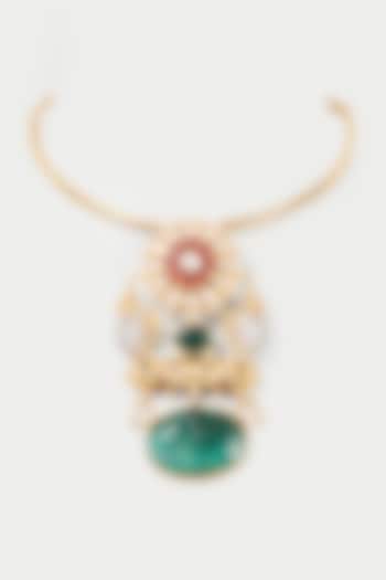 Gold Finish Kundan & Green Synthetic Stone Pendant Necklace by Rohita and Deepa