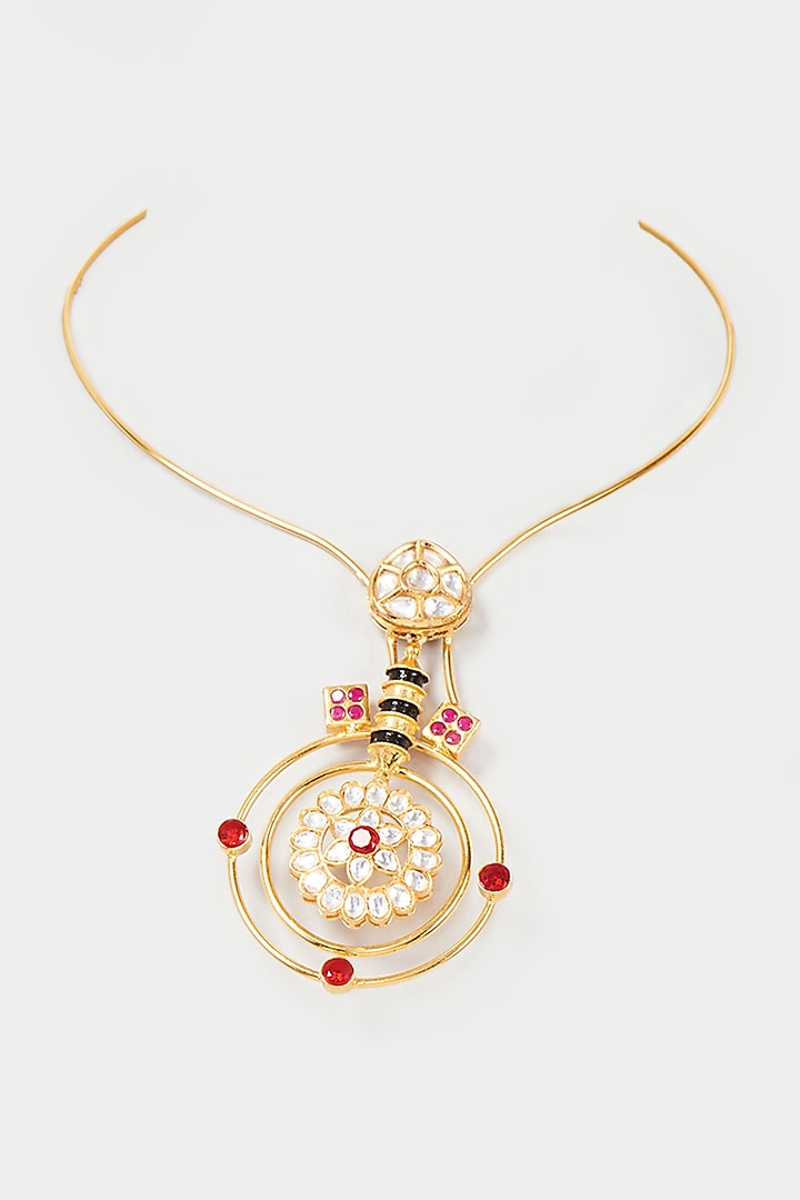 Gold Finish Kundan Polki Pendant Necklace by Rohita and Deepa