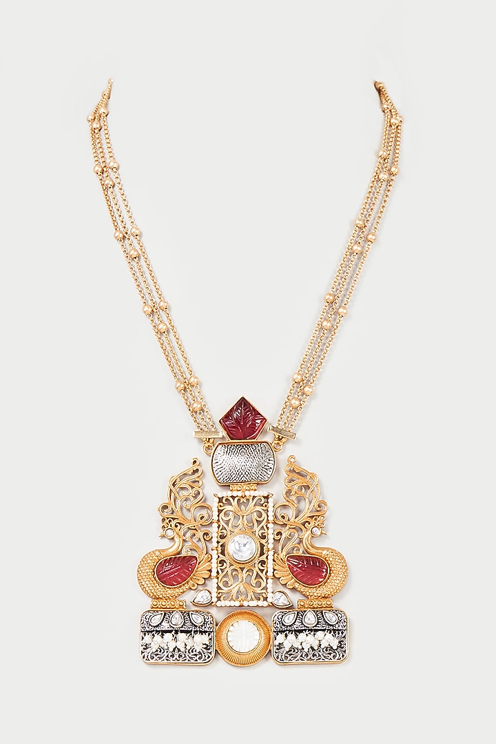 Gold Finish Red Synthetic Stone Long Pendant Necklace by Rohita and Deepa at Pernia's Pop Up Shop