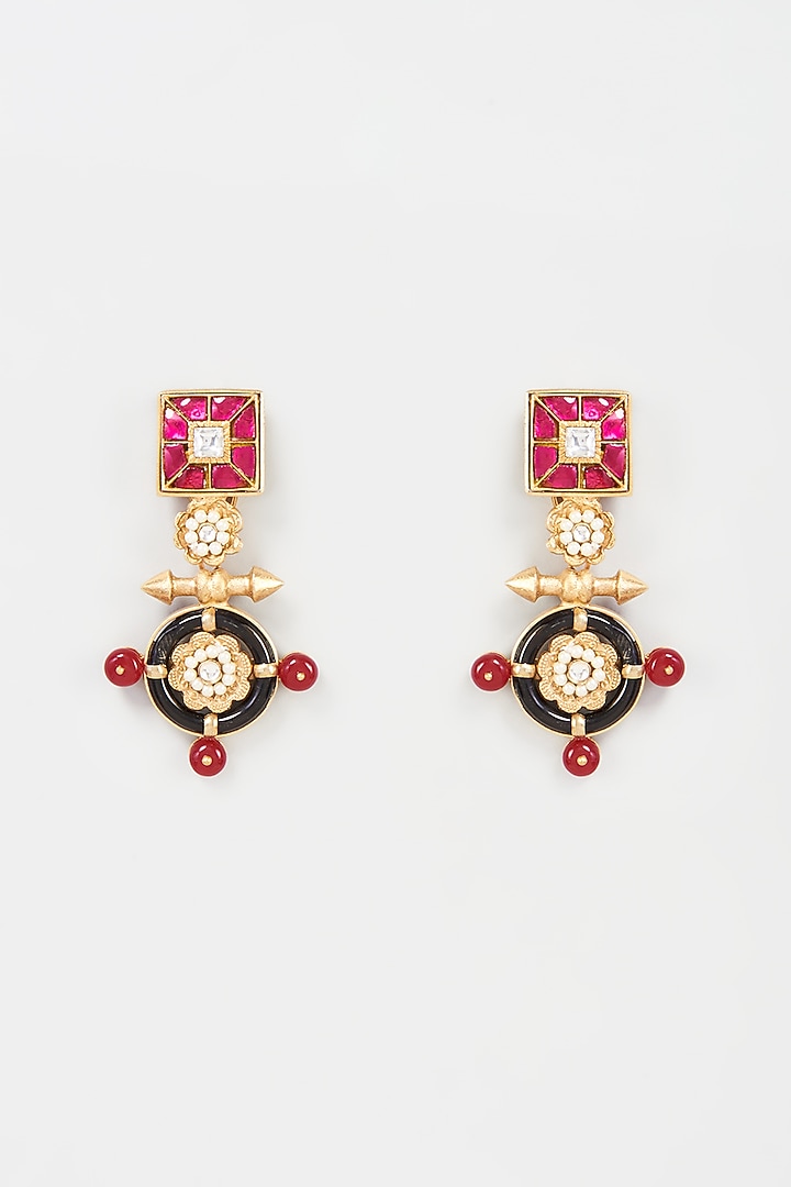 Gold Finish Kundan & Black Onyx Stone Dangler Earrings by Rohita and Deepa at Pernia's Pop Up Shop