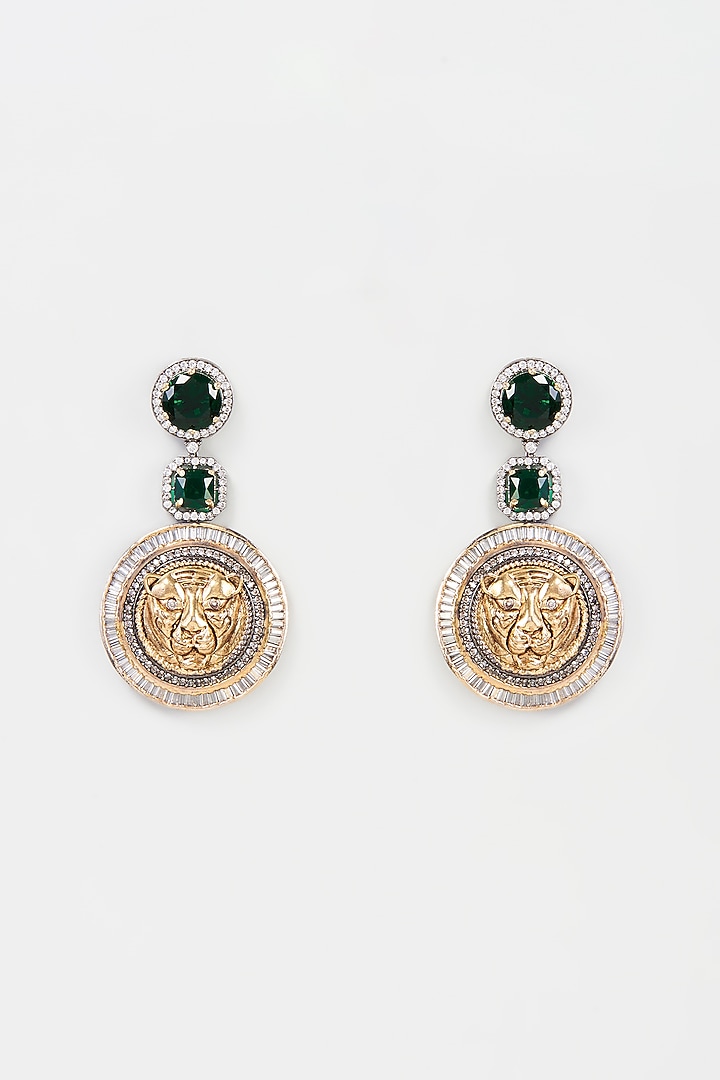 Two Tone Finish Blue Synthetic Stone & Tiger Motif Dangler Earrings by Rohita and Deepa at Pernia's Pop Up Shop