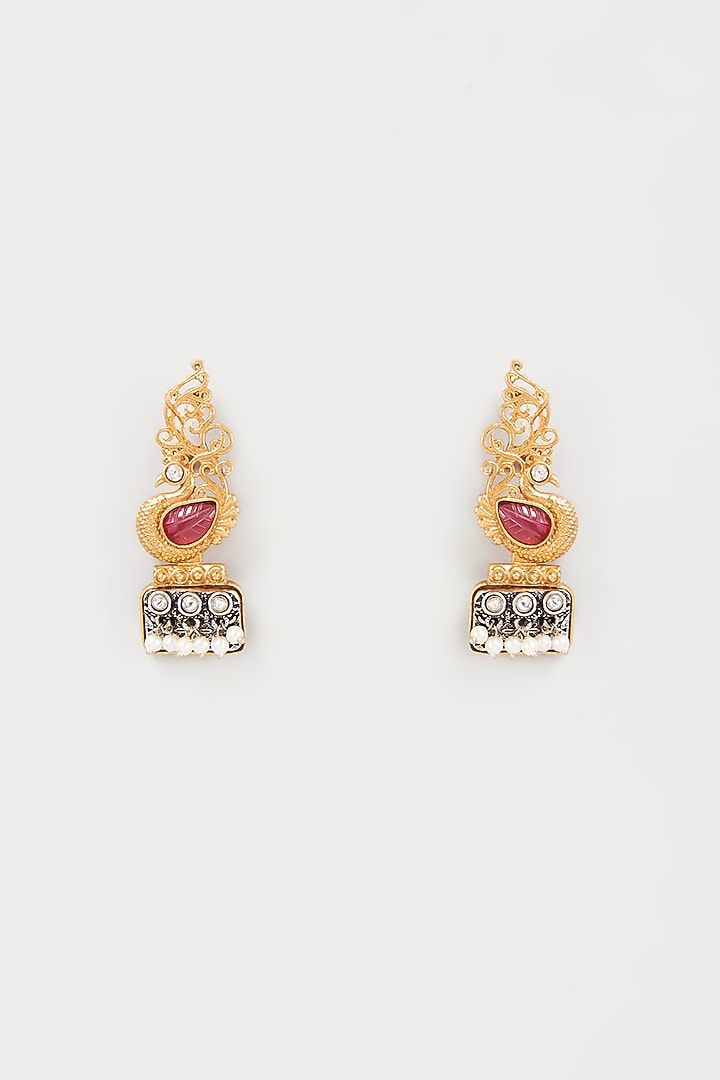 Gold Finish Red Synthetic Stone Dangler Earrings Design by Rohita and