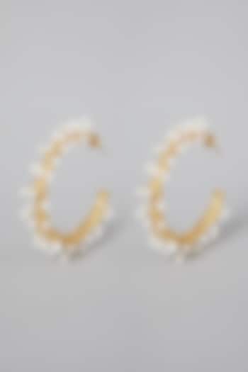 Gold Finish Pearl Hoops Earrings by Rohita And Deepa