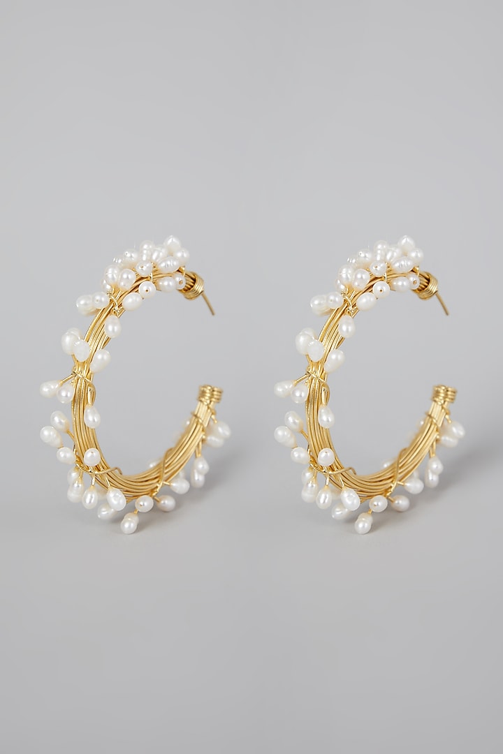 Gold Finish Pearl Hoops Earrings by Rohita And Deepa