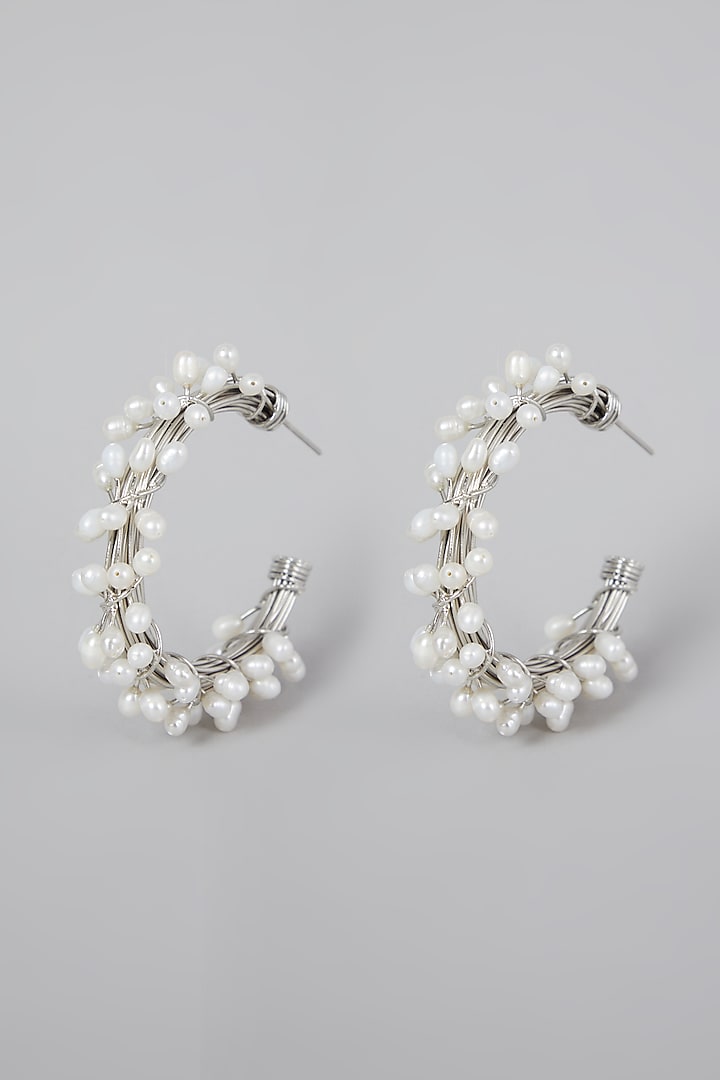 Silver Finish Pearl Hoops Earrings by Rohita And Deepa