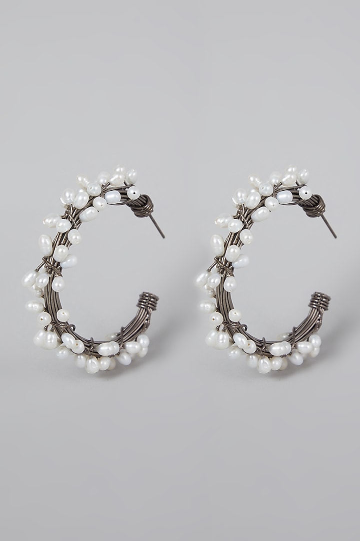 Silver Finish Hoops Earrings With Pearls by Rohita And Deepa