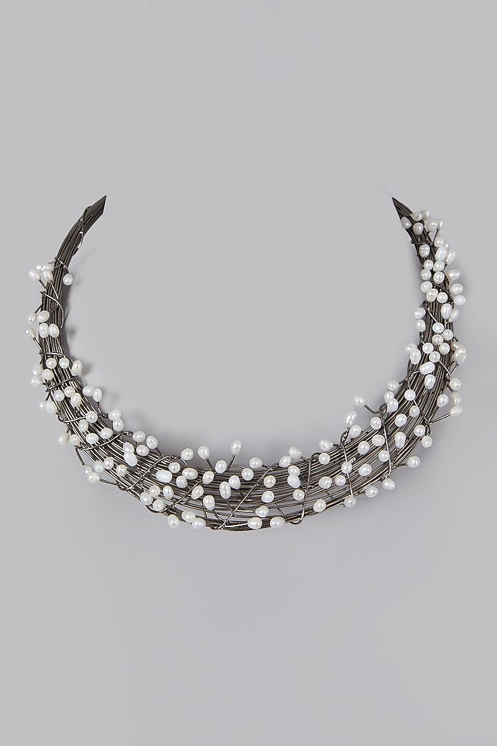 Silver Finish Necklace With Pearls by Rohita And Deepa
