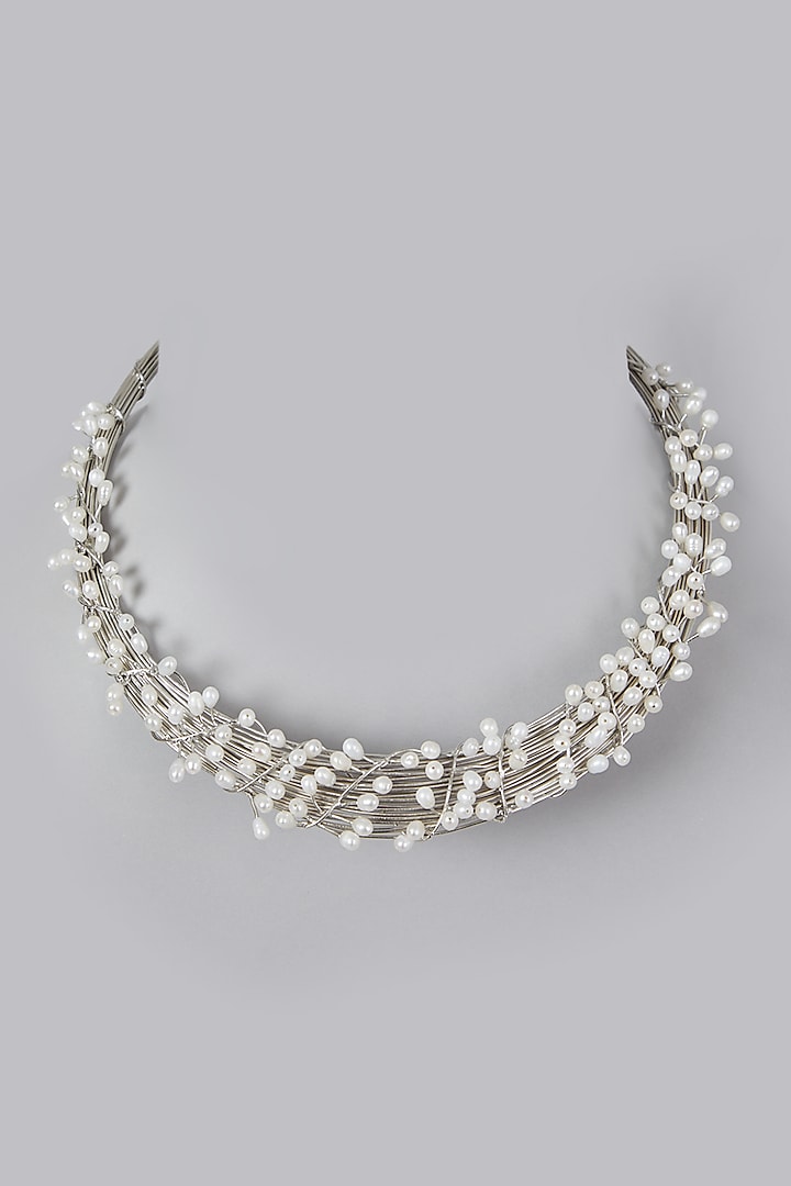 Silver Finish Pearl Necklace by Rohita And Deepa