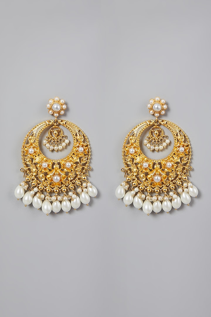 Gold Finish Chandbali Earrings With Pearls by Rohita And Deepa