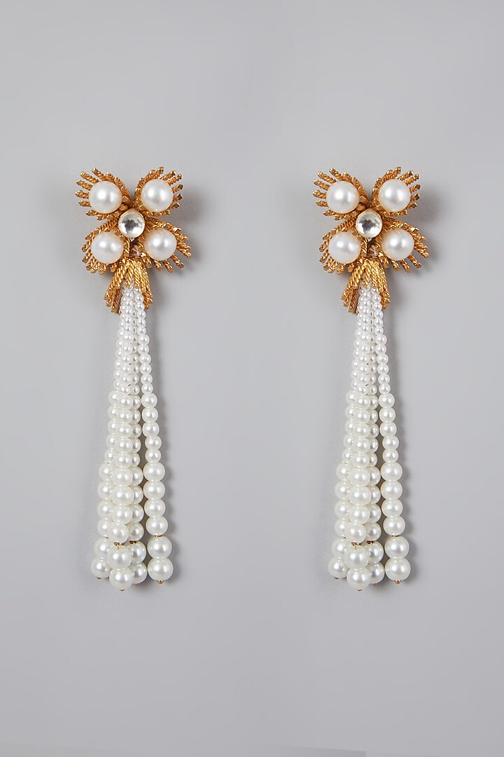 Gold Finish Pearl Dangler Earrings by Rohita And Deepa at Pernia's Pop Up Shop