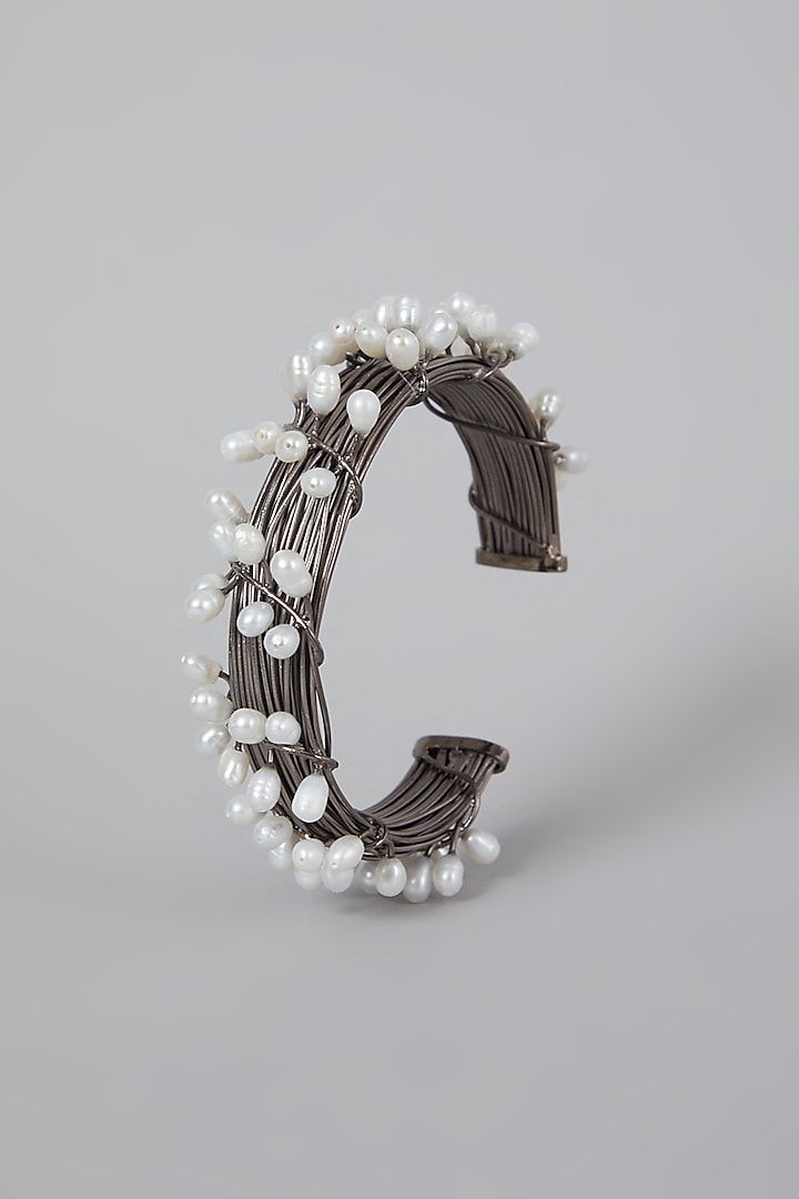 Silver Finish Pearl Hand Cuff by Rohita And Deepa at Pernia's Pop Up Shop