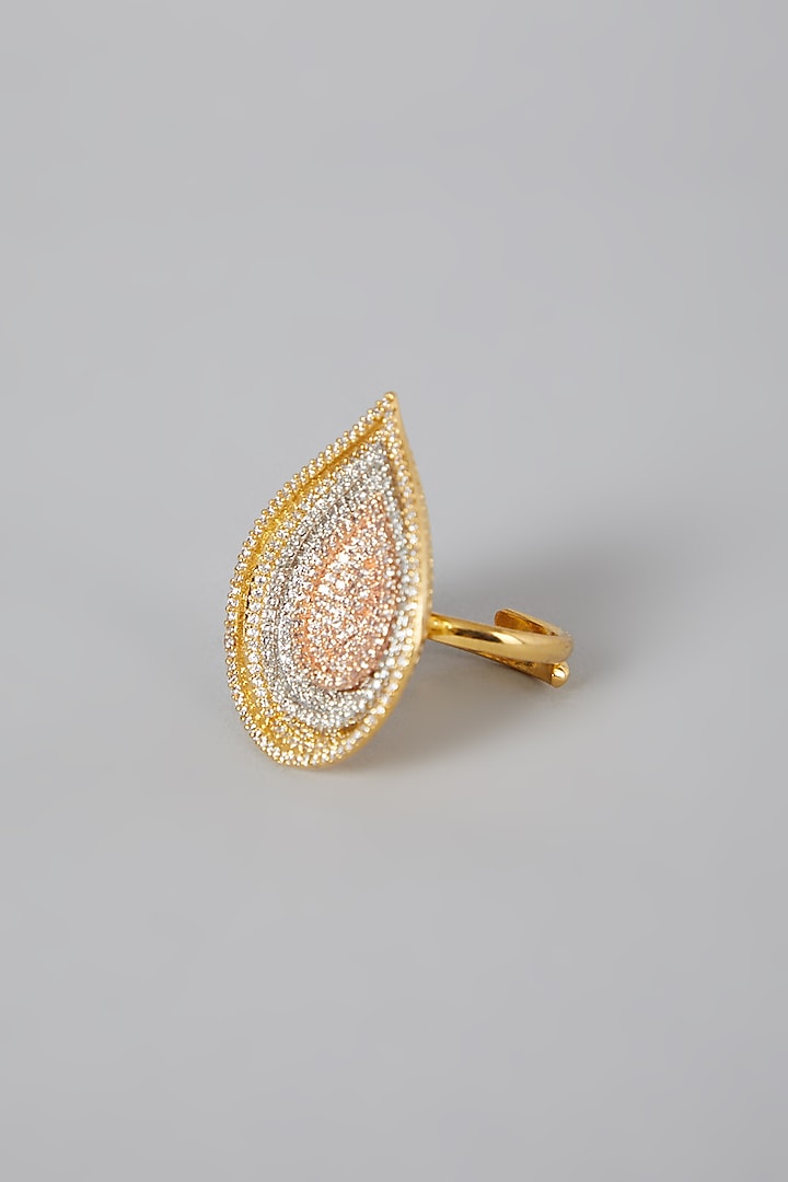 Gold Finish Ring With Zirconium by Rohita And Deepa
